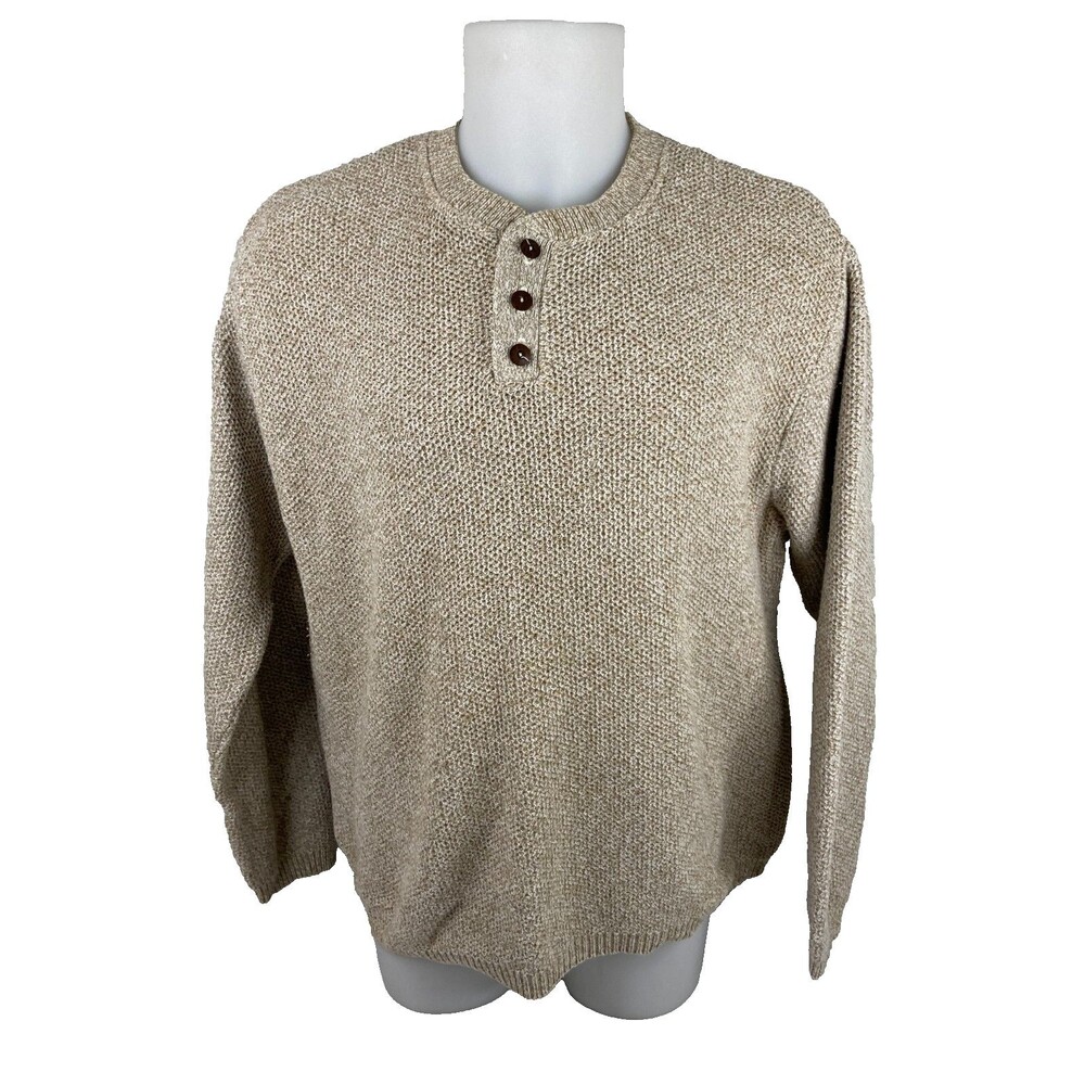 Oscar de la Renta Men XL Beige Henley Sweater USA Made Casual Preppy Comfort